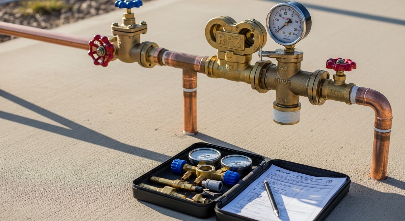 A repaired RPZ backflow prevention assembly mounted on an exterior water service line at a Lubbock, Texas residential property. The brass assembly is upright and properly fitted, with shutoff valves on each side and a visible relief valve port.