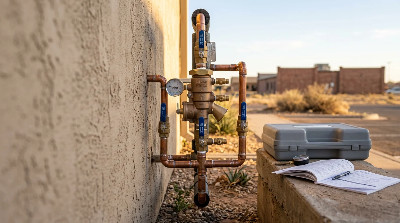 A properly installed RPZ backflow prevention assembly mounted above grade at a residential property in Lubbock, Texas. The assembly shows two shutoff valves, dual check valves, and a relief valve with clear pipe connections.