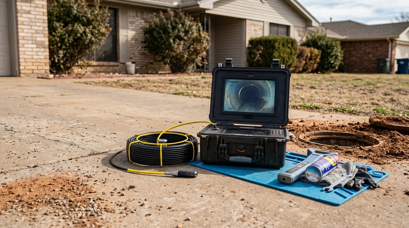A plumber from 1213 Plumbing LLC feeding a sewer camera line into a clean-out access point at a residential property in Lubbock, Texas. The monitor beside the technician displays a live video feed showing the interior of a clay sewer pipe with visible root intrusion.