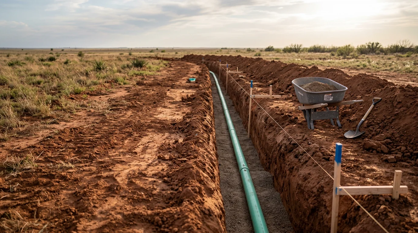 A freshly excavated trench in a Lubbock, Texas yard showing a newly installed sanitary sewer main pipe with compacted bedding material before backfill. A residential property is visible in the background against the flat South Plains landscape.