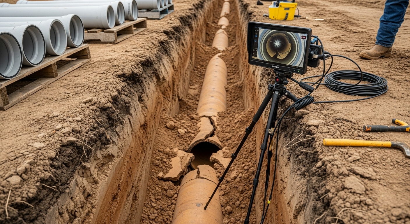 A plumber from 1213 Plumbing LLC inspecting an excavated sanitary sewer main pipe in a Lubbock, Texas residential yard. The open trench shows a damaged clay pipe section being prepared for replacement.
