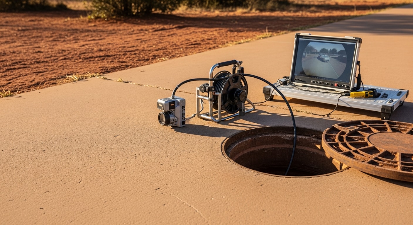 A plumber in Lubbock, Texas feeding a flexible camera cable into a residential sewer cleanout access point. The monitor beside the technician displays live footage of the interior pipe wall, showing a visible crack along the pipe joint.
