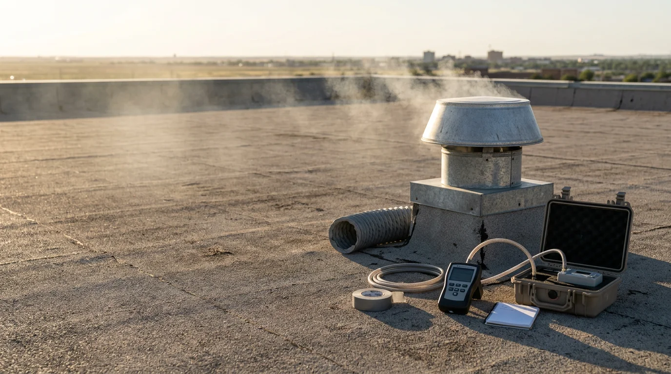 A plumber conducting a commercial vent smoke test on a flat-roof building in Lubbock, Texas, with white non-toxic vapor visible escaping from a failed vent connection on the roofline.