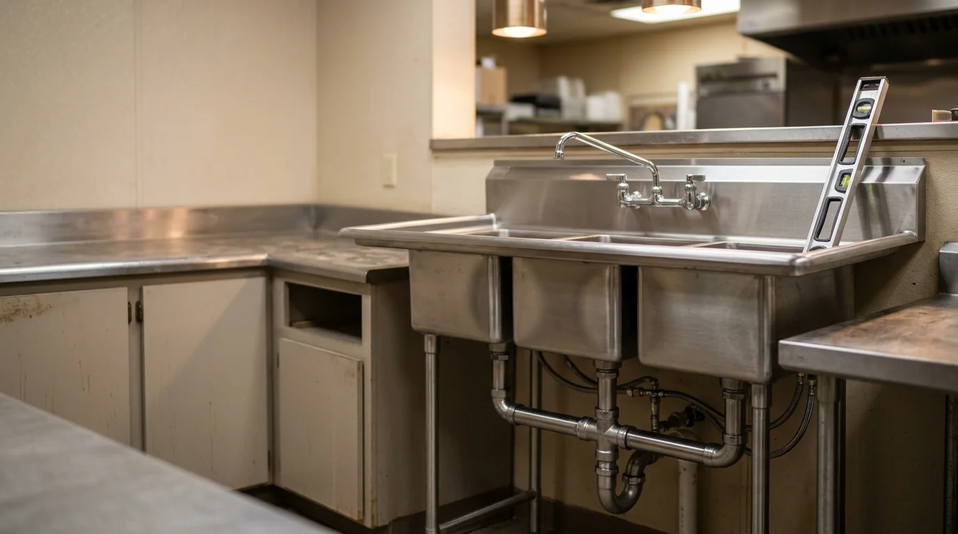A stainless steel three-compartment sink with drainboards installed in a commercial kitchen in Lubbock, Texas. A plumber connects the drain lines and supply fittings beneath the three basins during a professional installation.