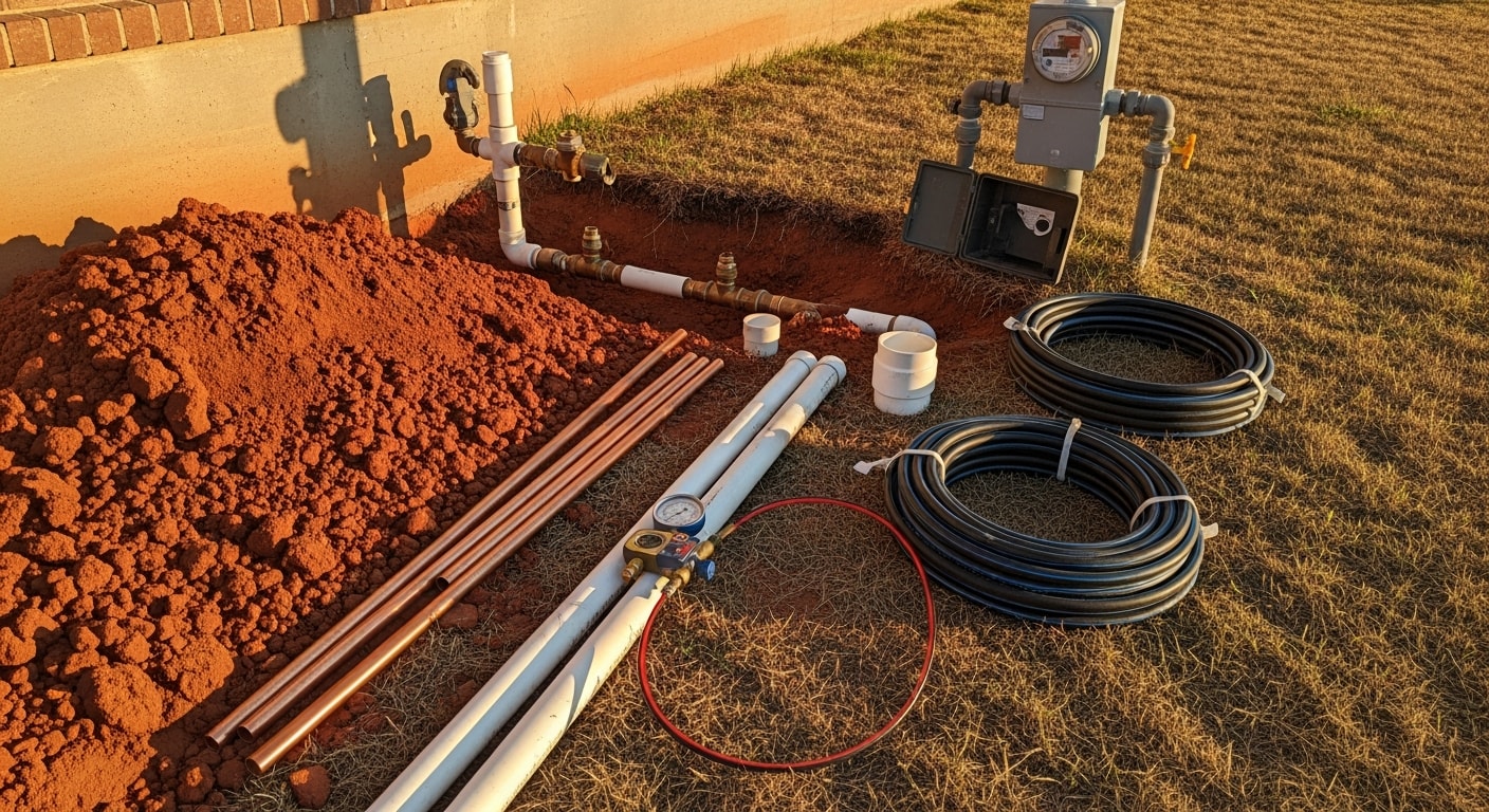 A plumber inspecting an exposed underground water supply line in a Lubbock, Texas residential yard. The surrounding soil shows the clay-heavy composition common to West Texas properties.