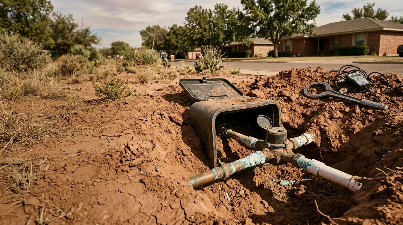 A plumber inspecting an exposed residential water supply line during a repair excavation in a Lubbock, Texas yard. The surrounding soil shows the area's characteristic clay composition common across the South Plains.