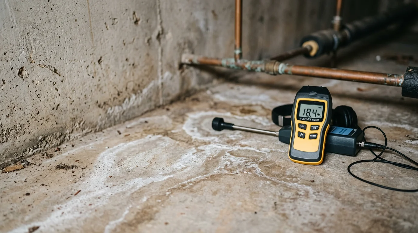 A plumber from 1213 Plumbing LLC inspecting a water supply line beneath a slab foundation in a Lubbock, Texas home. The image shows a close-up of a pipe joint being examined for signs of moisture and corrosion damage.